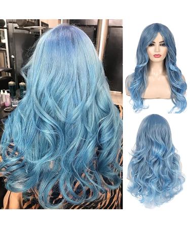 Beweig Blue Wig for Women Long Curly Wavy Pastel Blue Wig Side Part Synthetic Halloween Cosplay Wig with Wig Cap 24"