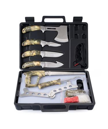 GVDV Hunting Knife Set - 14 Pieces, Portable Butcher Game Processing Kit for Men, Field Dressing Kit with Gut Hook Skinner Knife, Caping Knife, Axe, Wood/Bone Saw, Spreader, Gloves and More 14 Pieces, Tree