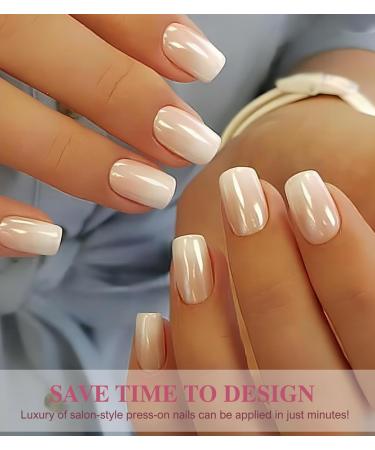 Square Press On Nails Medium - Aegenacess Nude White Ombre | 24 Nail Kit with Jelly Stickers & 12 Sizes - Glazed Design for Women - Buy Online on GoSupps.com