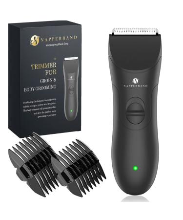 NAPPERBAND Pubic Hair Trimmer. Body Beard Stubble Head Groin Shaver and Groomer for Men. Tidy Private Parts Balls Replaceable Ceramic Safety Blades. Rechargeable Manscaping Made Easy Grooming Kit