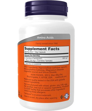 NOW L-Carnitine 500mg - Pure Amino Acid for Fitness Support - 180 Veg Capsules - Buy Online on GoSupps.com
