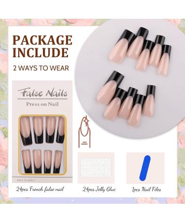 24PCS Long Black French False Nails | Square Full Cover Press On Nails for Women - Jelly Glue Included | Nail Art for Girls - Buy Online on GoSupps.com