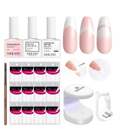 Saviland French Manicure Kit with Everything: French Nails Tool for Beginners French Tip Nail Stickers French Nail Brush White Gel Nail Polish Quick-Dry Gel Nail Lamp French Tips Guides for Nail Art
