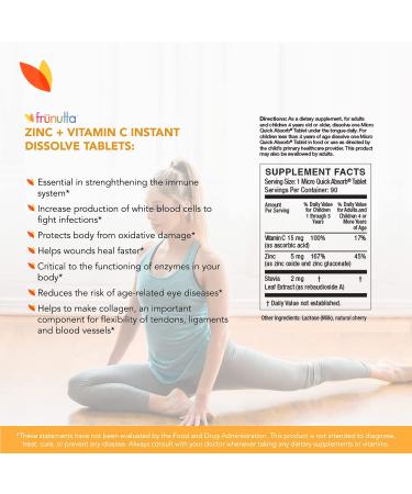 Frunutta Zinc + Vitamin C Supplement | Immune System Support | Sugar-Free Non-GMO Vegetarian | 90 Instant Dissolve Tablets - Buy Online on GoSupps.com
