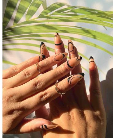 Sankki Almond French Tip Press on Nails - Black Abstract Line Design - 24Pcs Medium Length False Nails - Acrylic Glossy Finish - for Women and Girls - Buy Online on GoSupps.com