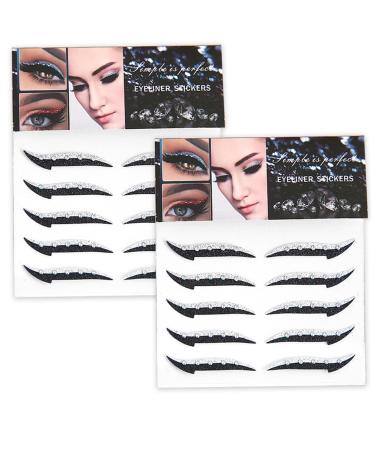 Glitter Eyeliner Stickers 10 Pairs Reusable Eyeliner Sticker with Crystal Waterproof Instant Adhesive Stick on Eyeliner for Dress Up Party (Silver)