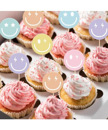 Whaline 36Pcs Preppy Smile Face Cupcake Toppers 6 Designs Paper Cake Decor Cute Cupcake Picks for Y2K Bachelorette Birthday Party Supplies Photo Booth Props - Buy Online on GoSupps.com