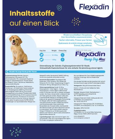 Flexadin Young Dog Maxi | For healthy joints in young dogs from 10 kg | with glucosamine chondroitin omega-3 devil's claw 60 joint treats - Buy Online on GoSupps.com