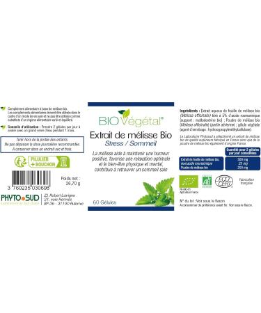 Organic Lemon Balm Extract for Calm Wellness Relaxation and Sleep - Natural and Vegetable Food Supplement - Anti Stress - Extraction and Made in France - 60 Capsules of Organic Lemon Balm - Buy Online on GoSupps.com