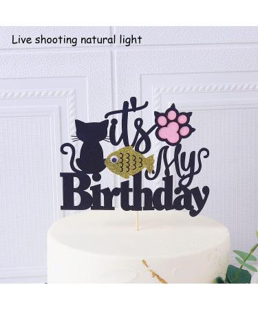 Happy Birthday Cat Cake Topper - Glittery Black Kitten Decoration for Birthday Baby Shower & Wedding Parties - Buy Online on GoSupps.com