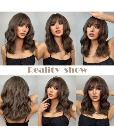 EMMOR Short Curly Wavy Bob Wig with Bangs - Brown | Shoulder Length Synthetic Heat Resistant Wig for Women - Buy Online on GoSupps.com