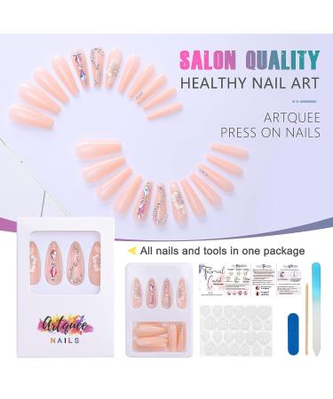 Artquee 24pcs Light Nude Pink Clear Press on Nails - 3D Flower Rhinestone Coffin False Tips for Women - Buy Online on GoSupps.com