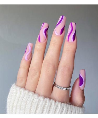 Hzacye 24 Pcs Press on Nails Long, Coffin Fake Nails with Glue, Matte Glue on Nails False Nails for Women and Girls (Purple Swirl)