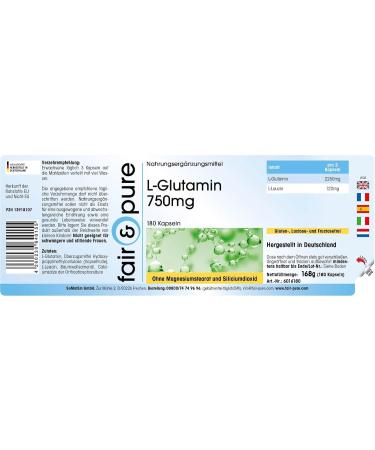 Fair & Pure L-Glutamine Capsules 750mg | Vegan Amino Acid - 180 Capsules - International Shipping Available - Buy Online on GoSupps.com