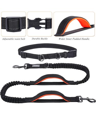 Vivaglory Free-Handed Dog Leash | Double Anti-Shock Bungees & Padded Handles | Reflective Waist Running Leash for Training & Jogging | Fits Waist 65-112cm | Black/Orange - For Medium & Large Dogs - Buy Online on GoSupps.com