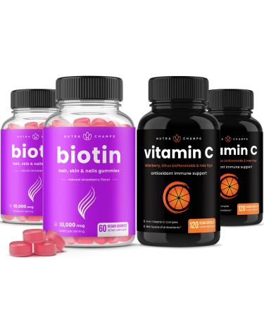 NutraChamps Biotin Gummies (2 Pack) and Vitamin C Capsules (2 Pack) 4 Pack Bundle