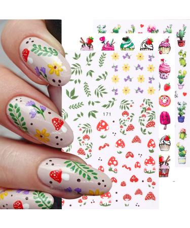 5 PCS Flowers Nail Art Stickers Decals Mushroom Cactus Leaf Design Stickers Self Adhesive Decals Floral Watercolor Nail Decals for Girls Women Nail Stickers Nail Art Supplies DIY Manicure Decoration Style B
