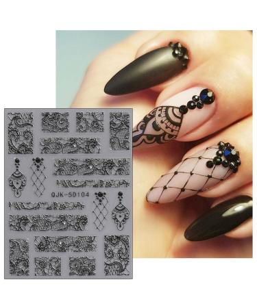 JMEOWIO 3D Embossed Black White Flower Nail Art Stickers - Self-Adhesive 5D Leaves Lace Decals | 4 Sheets Nail Design Accessories for Stunning Nail Art - Buy Online on GoSupps.com