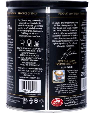 Saquella "Decaffeinated" Slow Roasted Gourmet Italian Espresso Ground Coffee 250g tin x 2 TINS - Buy Online on GoSupps.com