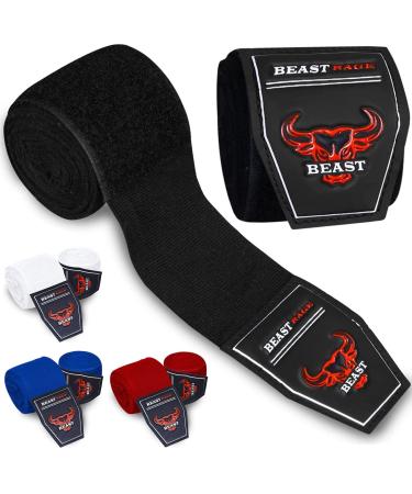 BEAST RAGE Boxing Hand Wraps 4.5 Meter Martial Arts Bandages Inner Gloves Wrist Support Straps Punching Under Hand Knuckles Heavy Elasticated Training Bag Mitts Muay Thai 4.5 M Black