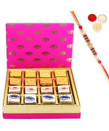 Ghasitaram Gifts Rakhi Gifts for Brothers Festive Pink Chocolate Dryfruit Bites with Pearl Beads Rakhi