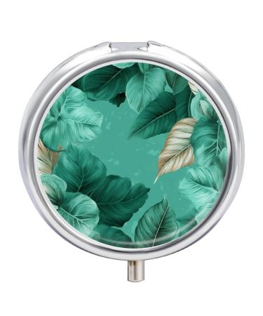 Pill Box Pill Case 3 Compartment Travel Pill Box Turquoise Green Leaves Printing Small Pill Box Portable Medicine Pill Case Pill Organizer for Purse & Pocket for Travel Handbag (Round)