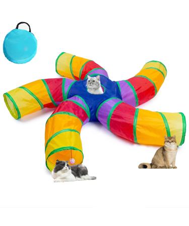 DeeNiner Colorful cat Tunnel Cat Tunnel for Indoor Cats Large, with Play Ball S-Shape 5 Way Collapsible Interactive Peek Hole Pet Tube Toys 5 Way S Shape Rainbow Cat tunnel