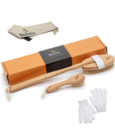 Belula Premium Dry Brushing Body Brush Set- Natural Boar Bristle Body Brush, Exfoliating Face Brush & One Pair Bath & Shower Gloves. Free Bag & How To  Great Gift For A Glowing Skin & Healthy Body
