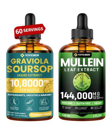 vivcmin Graviola Soursop Leaf Extract & Mullein Lung Cleanse Drops Bundle Immune Respiratory & Relaxation Support | Sugar-Free Non-GMO Herbal Tinctures | 2 fl oz + 4 fl oz
