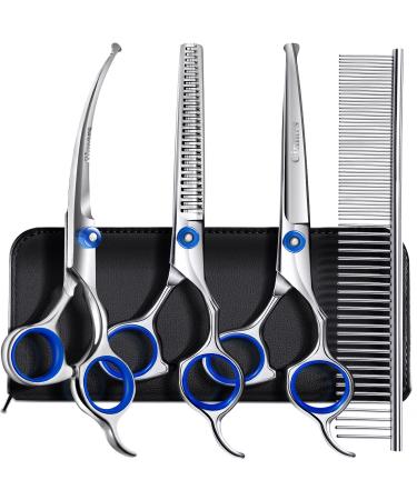 Gimars 5 in 1 Professional 4CR Dog Grooming Scissors Kit with Safety Round Tip , Heavy Duty Titanium Coated Straight & Thinning & Curved Shears & Comb Set 5 in 1 Blue