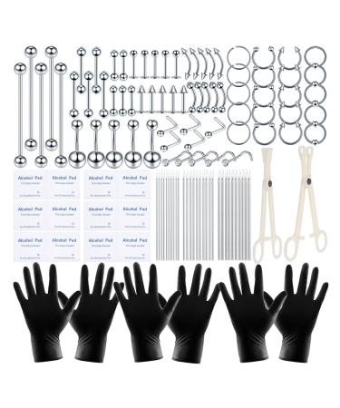 ChiMunllin 120PCS Body Piercing Kit Surgical Steel 14G 16G 20G BCR CBR Labret Lip Rings Cartilage Daith Earrings Nose Septum Nose Studs Belly Button Rings Piercing Jewelry Needles Gloves Clamps Tools Silver