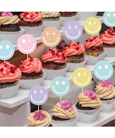 Whaline 36Pcs Preppy Smile Face Cupcake Toppers 6 Designs Paper Cake Decor Cute Cupcake Picks for Y2K Bachelorette Birthday Party Supplies Photo Booth Props - Buy Online on GoSupps.com