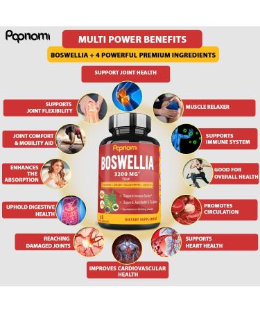 Organic Boswellia Serrata Extract Capsules 3200MG + Turmeric Curcumin Ginger Black Pepper Green Tea - Joint Health Support Supplement | 5 Months Supply, Enhanced Absorption | 150 Vegan Capsules - Buy Online on GoSupps.com