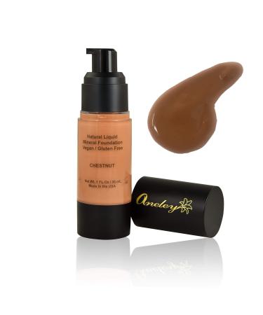 liquid mineral foundation organic natural vegan cruelty free chemical free full coverage aloe base highly pigmented lightweight formula acts as a moisturizer sunblock and skin care (Chestnut)