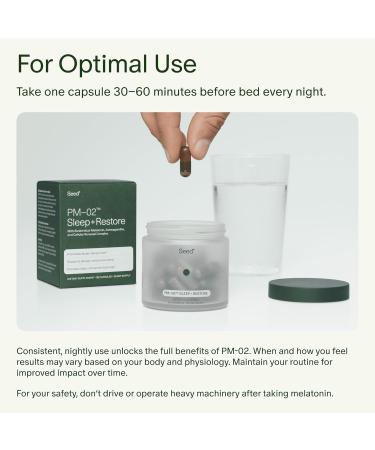 Seed PM-02 Sleep + Restore - Sleep Aid for Women & Men - Non-Habit Forming Bioidentical Melatonin & Ashwagandha - Vegan & Shelf-Stable - 30 Capsules (30-Day Supply) - Buy Online on GoSupps.com