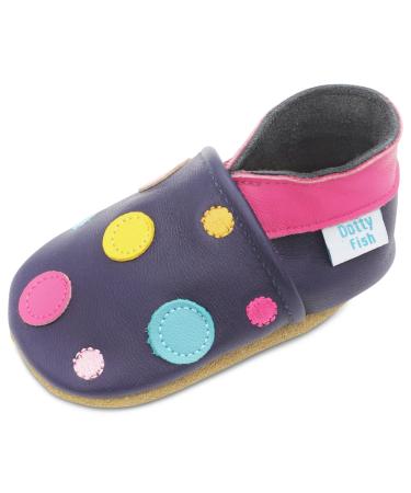 Dotty Fish Soft Leather Baby Shoes. Toddler Shoes. Girls. Navy Shoe with Multi-Coloured Spotty Dotty Design. 2-3 Years (8 UK Child)