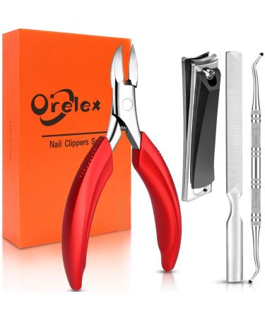 Orelex nail scissors nail cutters for ingrown and curly nails fingernail clipper with nail file ergonomic comfort grip professional stainless steel red