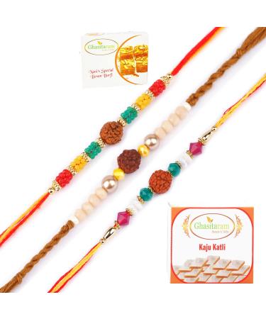 Ghasitaram Gifts Rakhi for Brother Rakhis Online - Set of 3-1986 1988 1908 Rudraksh Rakhis with 200 GMS of Besan Barfi and 200 GMS of Kaju Katli