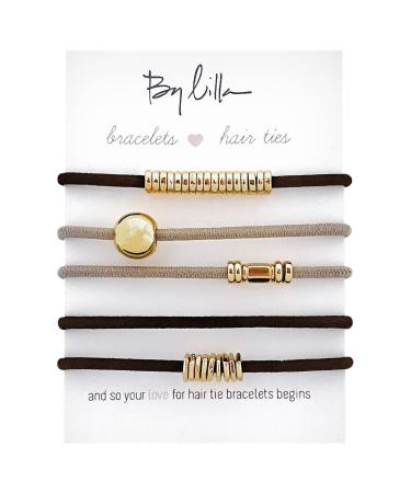 By Lilla Downtown Mini Stack Ponytails Hair Ties and Bracelets - Set of 5 Hair Tie Bracelets - Hair Ties for Women - No Crease Hair Ponytails & Women s Bracelets (Black/Gold/Nude/Brown)