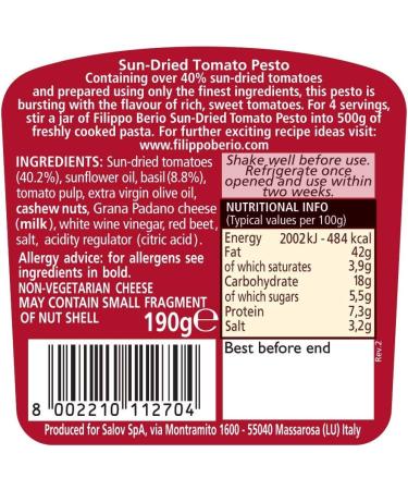 Filippo Berio Sun Dried Tomato Pesto 190g - Authentic Italian Pesto - Pack of 1 - Buy Online on GoSupps.com