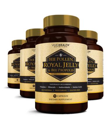 Immune Boosting Royal Jelly (4 Bottles) Supplement with Bee Pollen & Propolis | All Natural, High Potency Superfood for Energy, Clear Skin | 90 Pure, Non-GMO, Gluten Free Vegetarian Caps Each