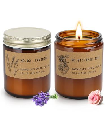 Candles for Home Scented, Aromatherapy Candles Gift Set 2 Pack Long Lasting Strong Fragrance 7.2 oz Large Soy Jar Candles Lavender and Fresh Rose Candles, Birthday Valentine Mother's Day Gifts