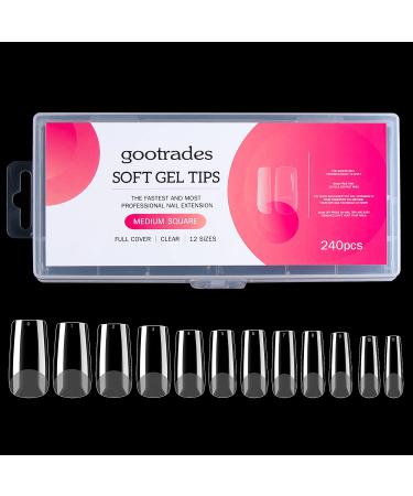 240PCS Soft Gel Full Cover Nail Tips, 12 Sizes Clear Gel Nail Tips Medium Square Gelly Tips with Case for Press On Nail Extension DIY Manicure Soak Off (Medium Square)