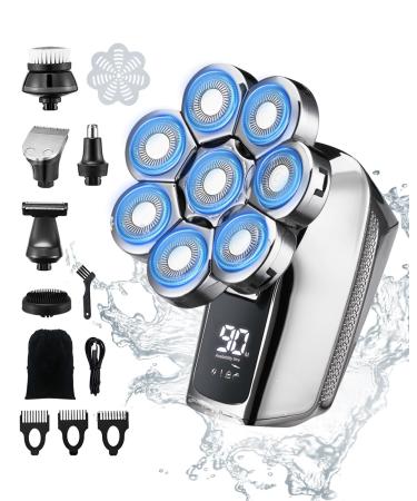 Rantizon Electric Head Shaver for Men 8D Upgraded 6-in-1 Cordless Head Shaver for Bald Men IPX6 Waterproof LCD Display Electric Razor for Men Grooming Kit with Hair Clippers/Beard/Nose Trimmer 8d Silver