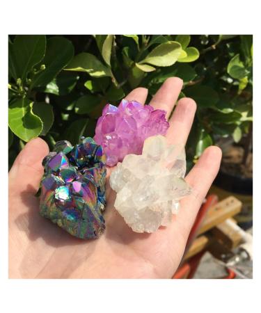 3pcs Aura Angel Crystal Cluster Natural Titanium Coating Gemstone Quartz Cluster Home Decor 110-120g Decoration