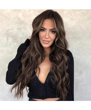 AISI QUEENS Long Brown Wigs for Women, Wavy Wig with Highlights Synthetic Middle Part Heat Resistant Fiber Wigs for Daily Party Use 24 Inches 24 Inch Brown Highlights