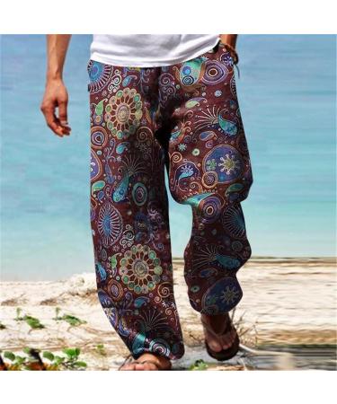 Men's Linen Beach Pants - Lightweight Drawstring Casual Trousers in Wine - Size Large - Buy Online on GoSupps.com