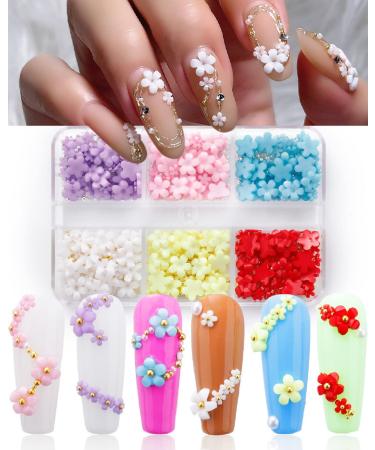 3D Flower Nail Charms and Silver/Gold Caviar Beads,6 Grids Acrylic Flowers Nail Design with Metal Nail Ball, Cherry Blossom Spring with Nail Stud, Nail Art Supplies for DIY Manicure Nail Decoration Colorful Set