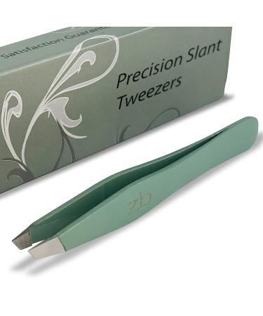 Tweezers – Surgical Grade Stainless Steel - Slant Tip for Expert Eyebrow Shaping and Facial Hair Removal – with Protective Pouch (Sage)