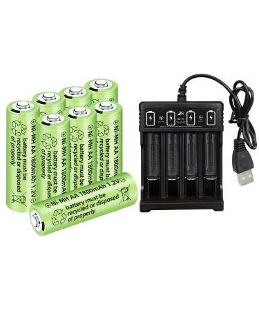 AMZZN 1.2V 1800mAh Ni-MH AA Rechargeable Battery for Outdoor Solar Lights Garden Lamp Wireless Microphones Electric Toys Remote Mice Calculators Razors Keyboards (8PCS Battery+Charger)